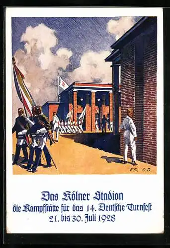 Künstler-AK Köln, 14. Deutsches Turnfest 1928, Wettkämpfer am Eingang zum Stadion