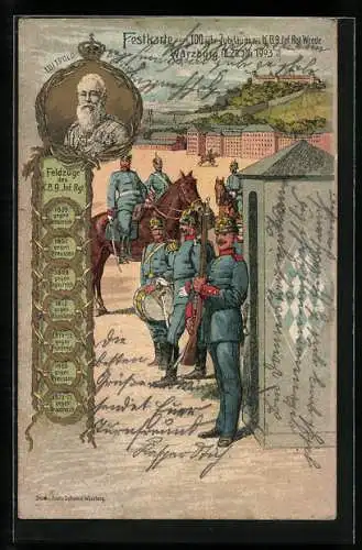 Lithographie Würzburg, Festkarte zum 100 jähr. Jubiläum des K. B. 9. Inf. Rgt. Wrede 1903