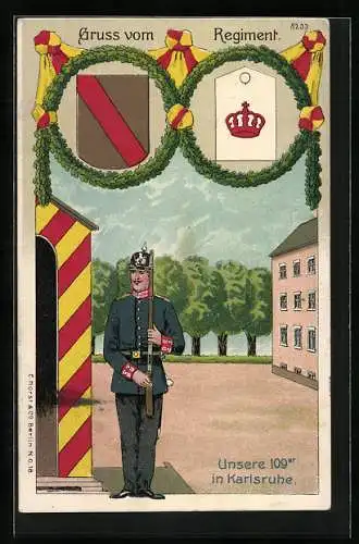 AK Karlsruhe, Wachsoldat des 109er Regiments, Schulterklappe