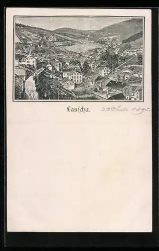 Vorläufer-Lithographie Lauscha, 1895, Ortsansicht aus der Vogelschau