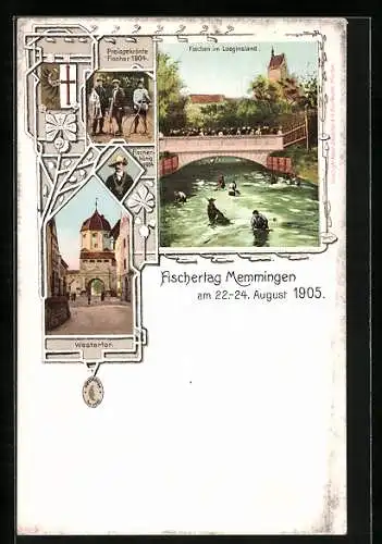 AK Ganzsache Bayern PP15C84 /02: Memmingen, Fischertag 22.-24.08.1905, Westertor, Fischen im Lueginsland