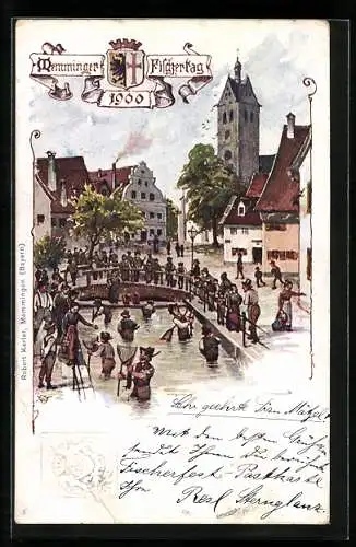 Künstler-AK Ganzsache Bayern PP15C22 /02: Memmingen, Fischertag 1900, Fischer an der Brücke