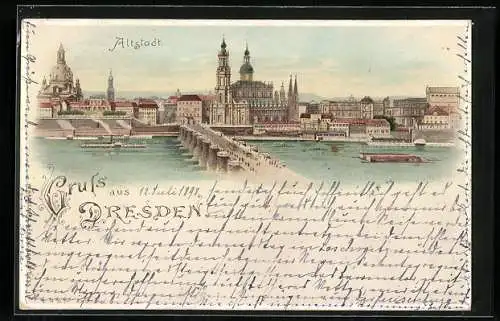 Lithographie Dresden, Altstadt aus der Vogelschau, Dampfer, Halt gegen das Licht: Fenster beginnen zu leuchten