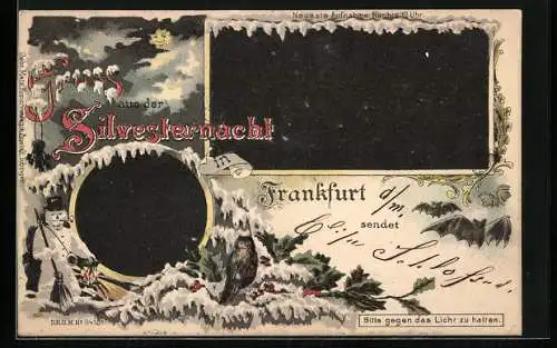Lithographie Frankfurt, Schneemann und Eule zur Silversternacht, Halt gegen das Licht: Prosit Neujahr