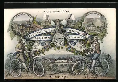 Künstler-AK Gottmadingen, Erstes Verbandsfest des Hegau Radfahrer-Verbandes 1908, Brauerei Sonne und Sternen