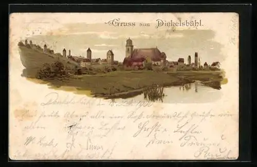 Lithographie Dinkelsbühl, Panoramablick auf den Ort, Ganzsache Bayern 5 Pfennig