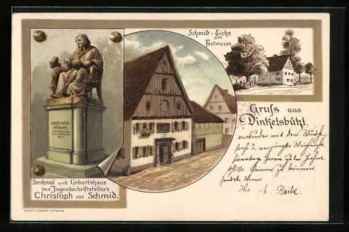 Lithographie Dinkelsbühl, Denkmal und Geburtshaus des Christoph von Schmid, Schmid-Eiche, Ganzsache Bayern 5 Pfennig