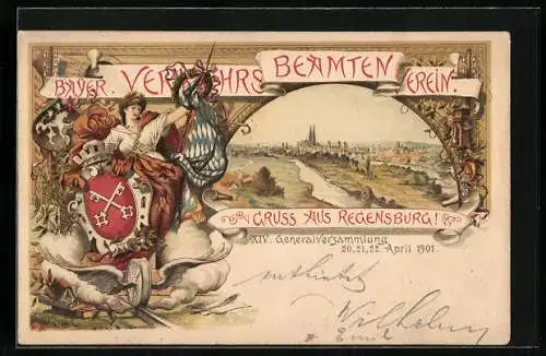 Lithographie Regensburg, Generalversammlg. Bayr. Verkehrsbeamten-Verein 1901, Ganzsache Bayern 5 Pfennig