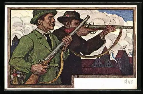Künstler-AK München, XV. Dt. Bundesschiessen 1906, Schützen beim Schiessen, Ganzsache Bayern 5 Pfennig