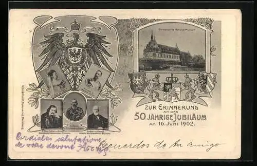 AK Nürnberg, Germanisches National-Museum, 50 jähriges Jubiläum 1902, Prinzregent Luitpold, Ganzsache