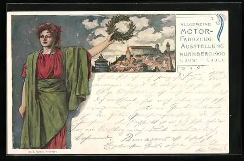 Künstler-AK Nürnberg, Allgemeine Motor-Fahrzeug-Ausstellung 1900, Blick zur Burg, Ganzsache Bayern 5 Pfennig
