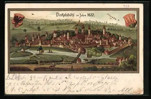 Lithographie Dinkelsbühl, Ortsansicht im Jahre 1632, Wappen, Ganzsache Bayern 5 Pfennig