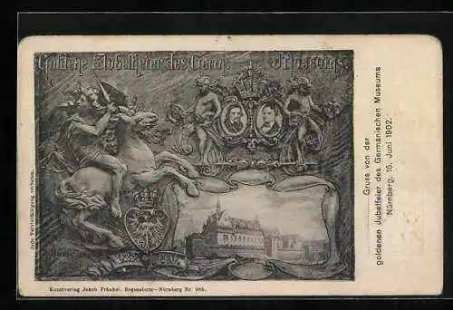 Künstler-AK Nürnberg, Goldene Jubelfeier des Germanischen Museums am 16.06.1902, Ansicht vom Museum, Ganzsache Bayern