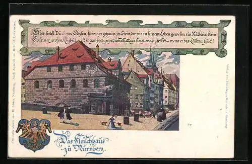 Künstler-AK Ganzsache Bayern PP15C26: Nürnberg, Deutscher Fleischertag 1900, Fleischhaus und Wappen