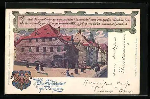 Künstler-AK Ganzsache Bayern PP15C26: Nürnberg, Deutscher Fleischertag 1900, Fleischhaus, Wappen