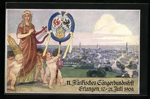 Künstler-AK Erlangen, 11. Fränkisches Sängerbundesfest 1909, Ganzsache Bayern 5 Pfennig