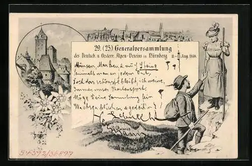 Künstler-AK Nürnberg, 29. Generalversammlung des Deutsch. u. Oesterr. Alpen-Vereins August 1898, Ganzsache Bayern 5 Pfg.