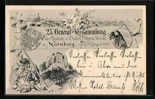 Künstler-AK Nürnberg, 25. Generalversammlung des Deutsch. u. Oesterr. Alpen-Vereins August 1898, Ganzsache Bayern 5 Pfg.