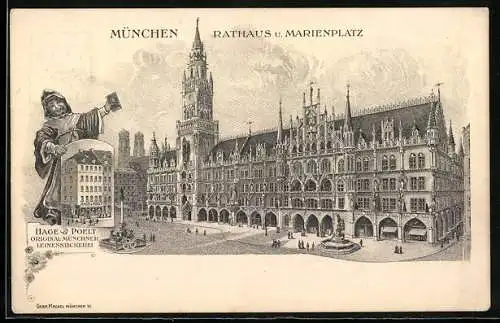 AK Ganzsache Bayern PP15B4: München, Rathaus und Marienplatz, Münchner Kindl, Werbung für Hage & Poelt Leinenstickerei