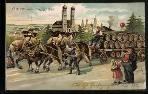 Lithographie Ganzsache Bayern PP15D47 /01: München, Oktoberfest1906, Bierkutsche, Frauenkirche im Hintergrund