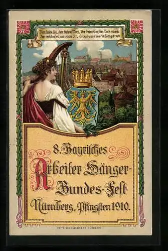 Lithographie Ganzsache Bayern PP15C186: Nürnberg, 8. Bayrisches Arbeiter Sänger-Bundes-Fest Pfingsten 1910