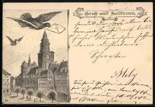 Vorläufer-Künstler-AK Heilbronn, 1885, Brieftauben passieren die Kilianskirche