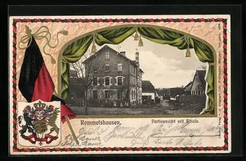 Passepartout-Lithographie Rommelshausen, Partieansicht mit Schule, Wappen