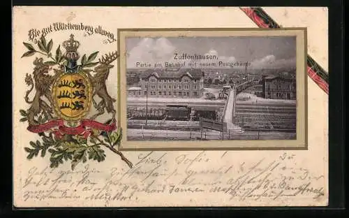 Passepartout-Lithographie Zuffenhausen, Bahnhof, Neues Postgebäude, Wappen