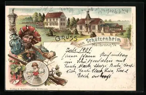 Lithographie Heilbronn a. N., Gasthof Schützenheim, Sonnenbrunnen