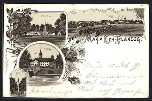 Lithographie Maria Eich-Planegg, Blick zum Ort, Maria Eich, Schloss, Marien-Säule