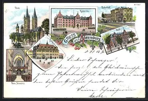 Lithographie Naumburg a. S., Dom, Kaserne, Bahnhof, Post