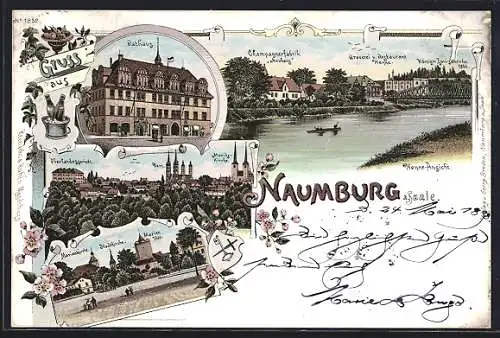 Lithographie Naumburg a. S., Rathaus, Champagnerfabrik, Marienthor, Stadtkirche, Dom