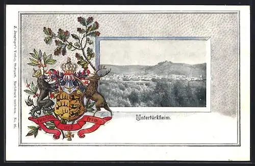 Passepartout-Lithographie Untertürkheim, Ortsansicht aus der Ferne, Wappen