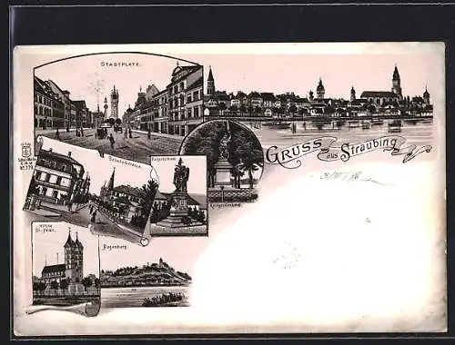 Lithographie Straubing, Bahnhofstrasse, Bürgerdenkmal, Kriegerdenkmal