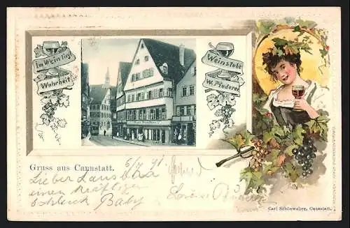 Passepartout-Lithographie Cannstatt, Gasthaus Weinstube v. W. Pfuderer, Dame mit Wein im geprägten Passepartout