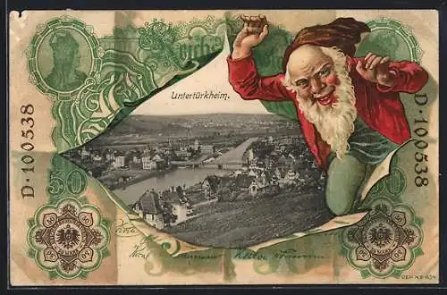 Lithographie Untertürkheim, Ortsansicht aus der Vogelschau, Zwerg, Geld