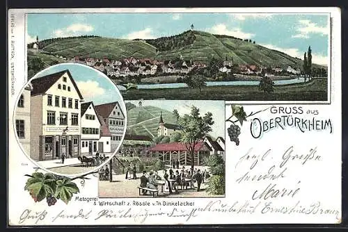 Lithographie Obertürkheim, Metzgerei & Wirtschaft z. Rössle v. Th. Dinkelacker