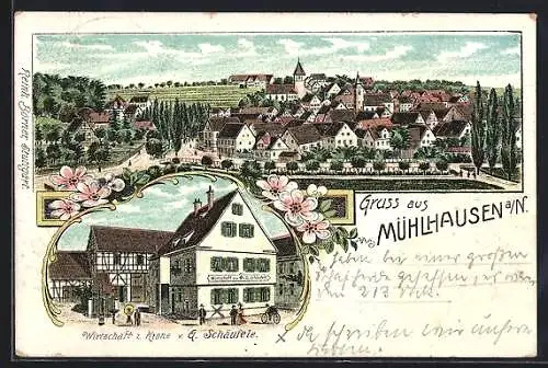 Lithographie Mühlhausen a. N., Wirtschaft z. Krone v. G. Schäufele, Ortsansicht