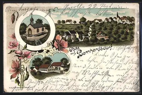 Lithographie Bernhardsdorf, Kapelle, Ortsansicht aus der Vogelschau