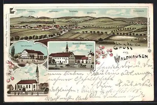 Lithographie Waldhausen / Aalen, Gasthof u. Brauerei zum Adler, Kirche, Ortsansicht