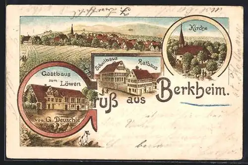 Lithographie Berkheim / Esslingen, Gasthaus zum Löwen v. G. Deuschle, Kirche, Schulhaus, Rathaus