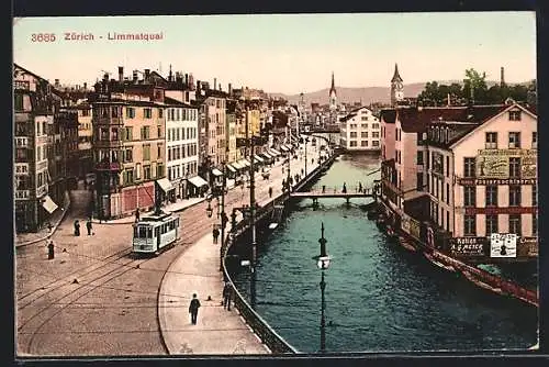 AK Zürich, Limmatquai mit Strassenbahn