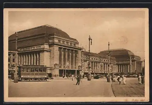 AK Leipzig, Hauptbahnhof mit Strassenbahn