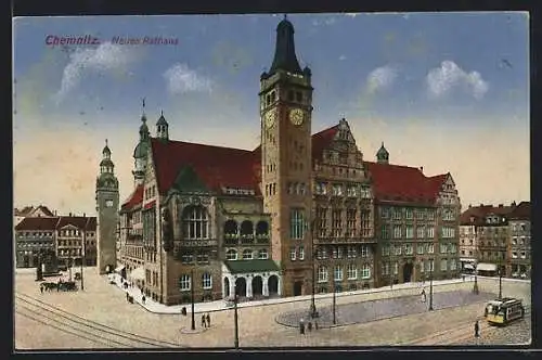 AK Chemnitz, Neues Rathaus und Strassenbahn