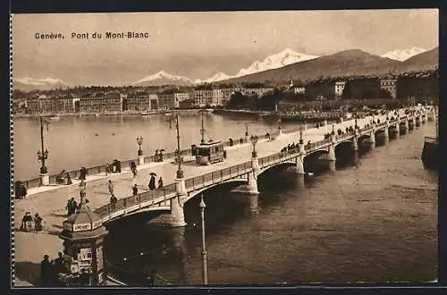 AK Genève, Pont du Mont-Blanc, Strassenbahn