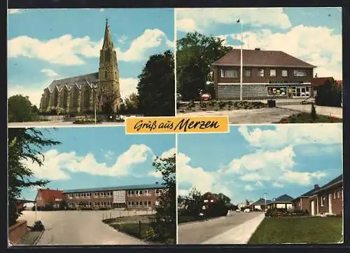 AK Merzen, Kirche, Jos.Brinkmann, Bäckerei, Strassenpartie