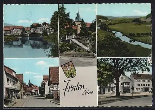 AK Freden /Leine, Strassenpartie, Teilansicht mit Brücke