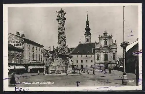 AK St. Pölten, platz mit Kirche, Denkmal und Hauswandwerbung für Teppich- und Möbelhaus Leiner