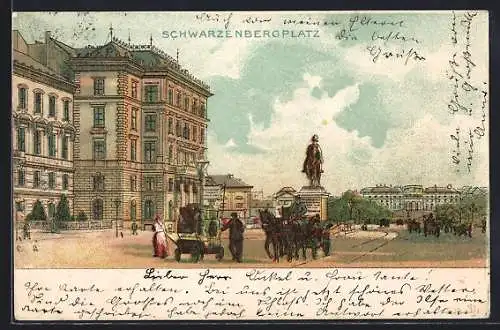 Lithographie Wien, Schwarzenbergplatz mit Denkmal, Pferdegespann