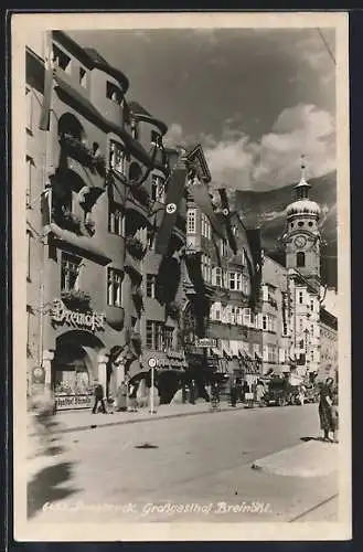 AK Innsbruck, Gasthof Breinössl mit Strasse und Turmblick